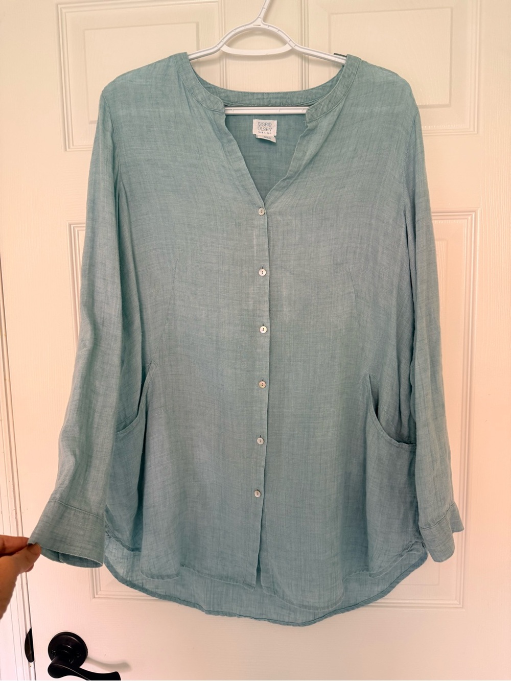 Sigrid Olsen Seafoam Green Button-Front Linen Blend Shirt